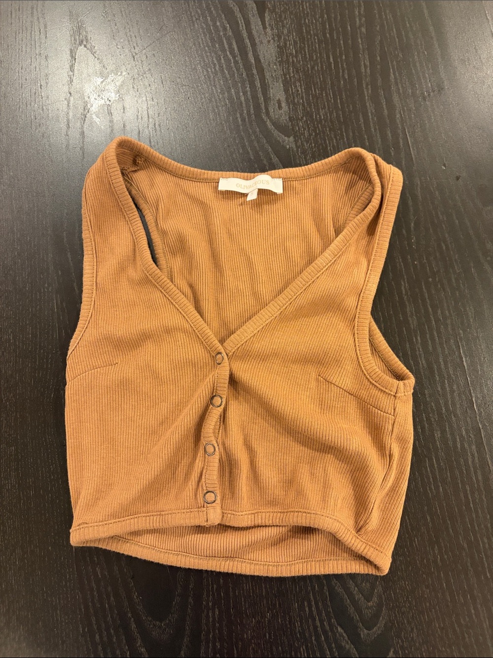 Olivaceous Ribbed Button-Front Crop Tank in Camel Brown